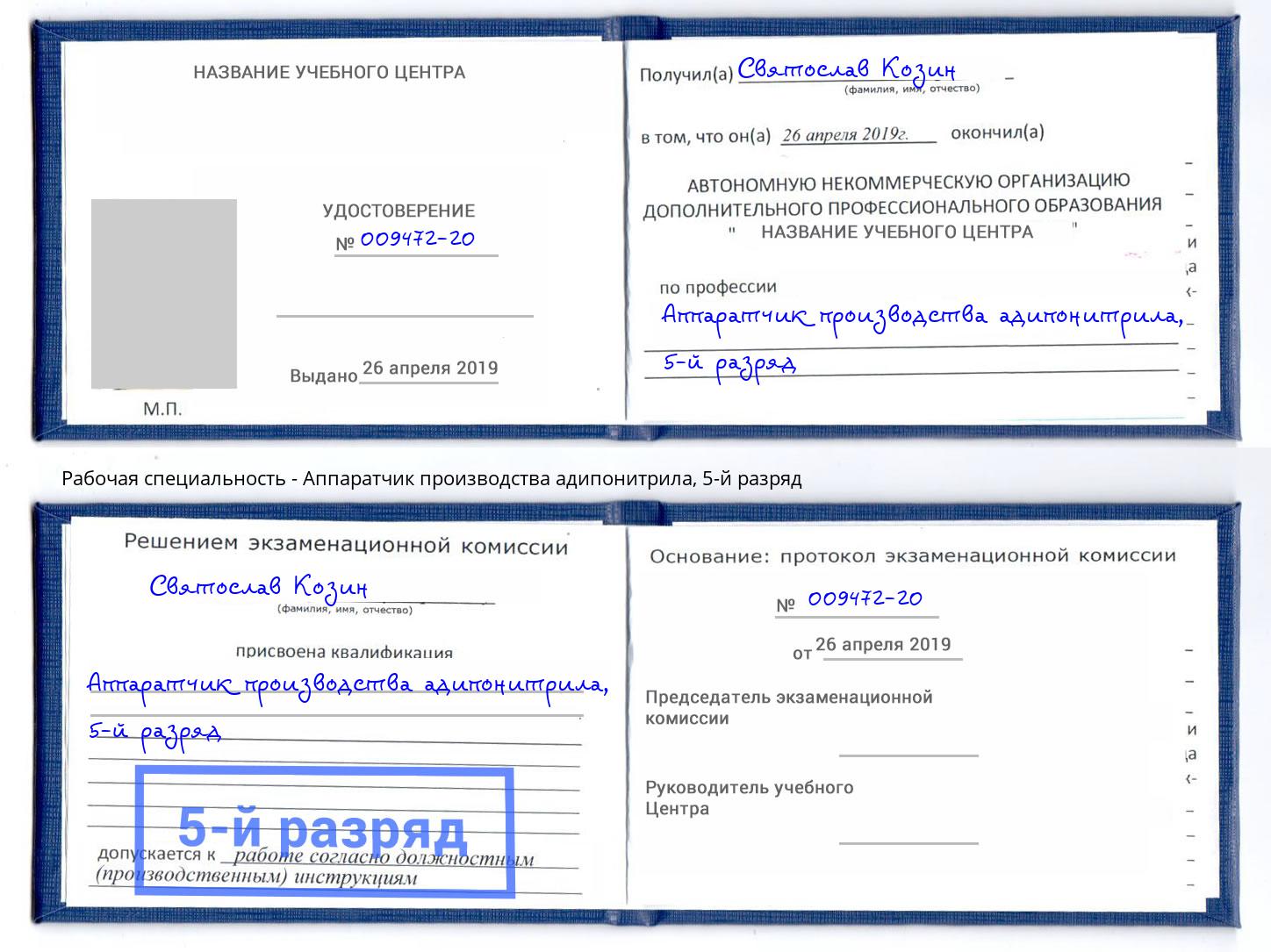 корочка 5-й разряд Аппаратчик производства адипонитрила Саянск