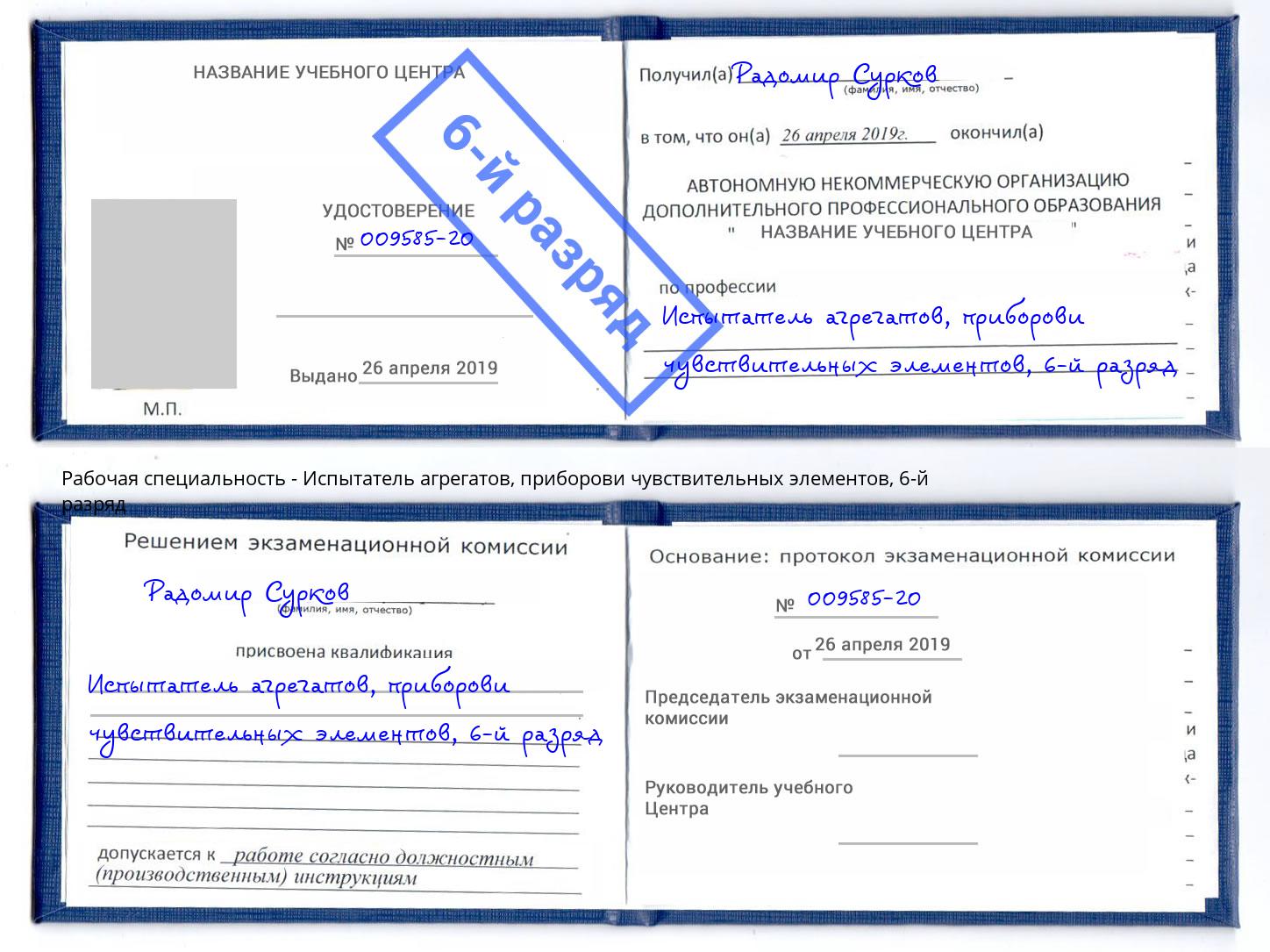 корочка 6-й разряд Испытатель агрегатов, приборови чувствительных элементов Саянск