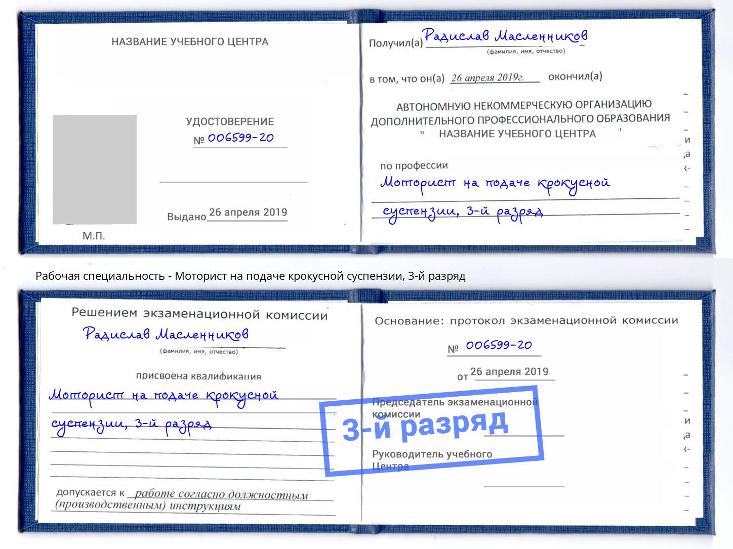 корочка 3-й разряд Моторист на подаче крокусной суспензии Саянск