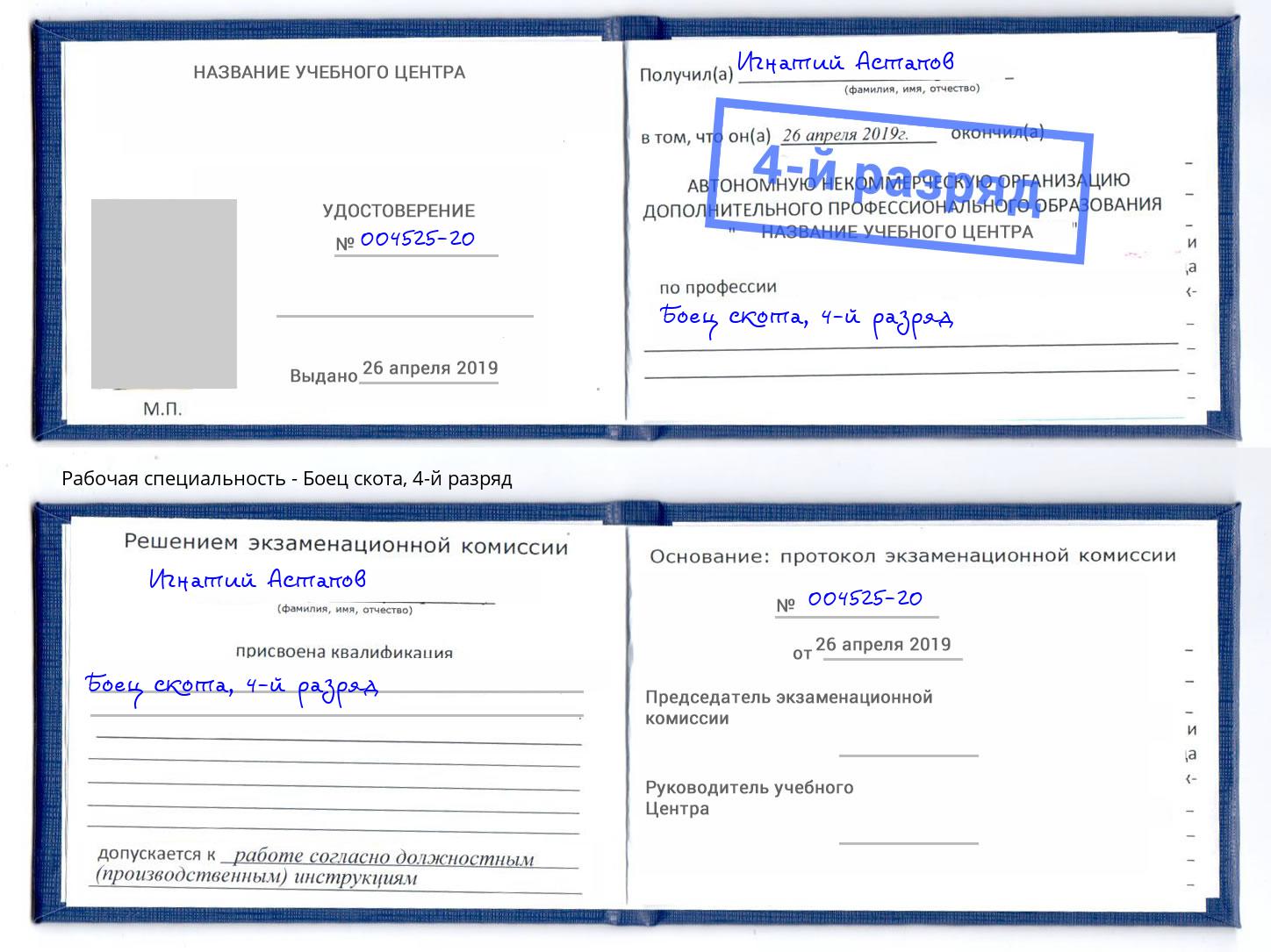 корочка 4-й разряд Боец скота Саянск