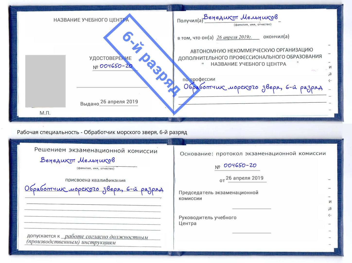 корочка 6-й разряд Обработчик морского зверя Саянск