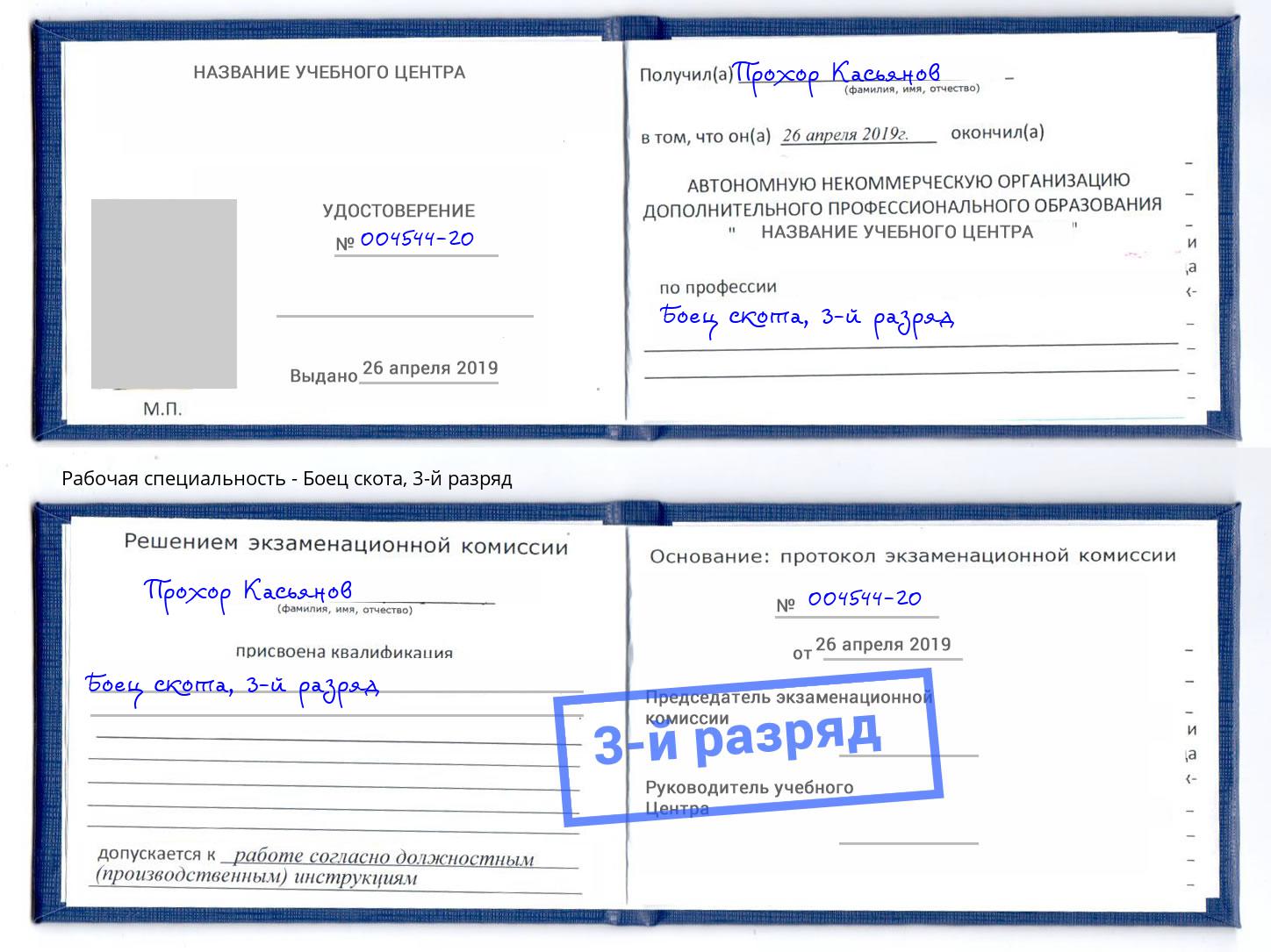 корочка 3-й разряд Боец скота Саянск