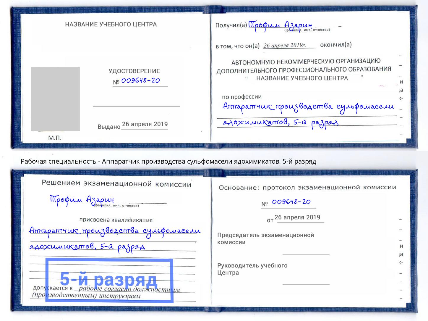 корочка 5-й разряд Аппаратчик производства сульфомасели ядохимикатов Саянск