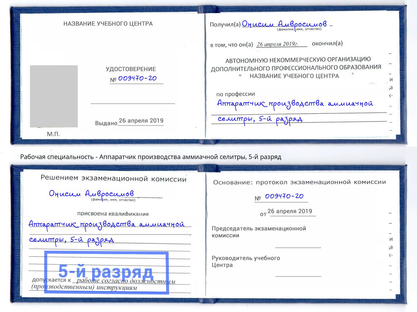 корочка 5-й разряд Аппаратчик производства аммиачной селитры Саянск