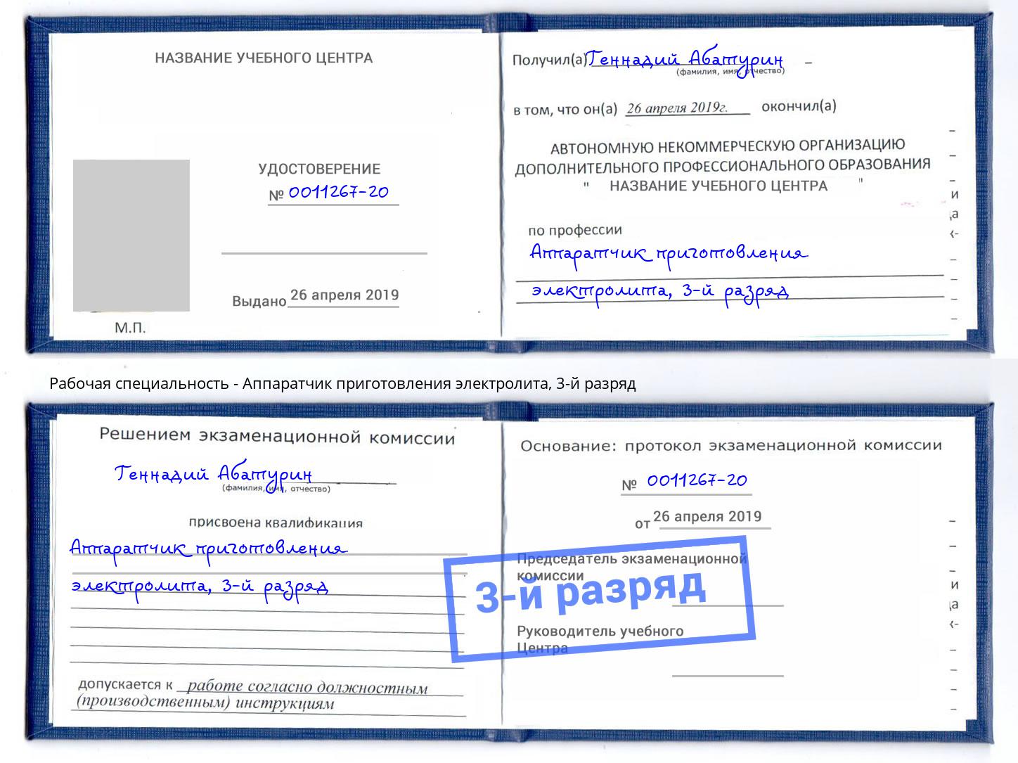 корочка 3-й разряд Аппаратчик приготовления электролита Саянск