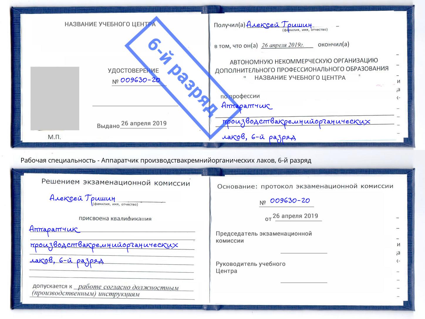 корочка 6-й разряд Аппаратчик производствакремнийорганических лаков Саянск