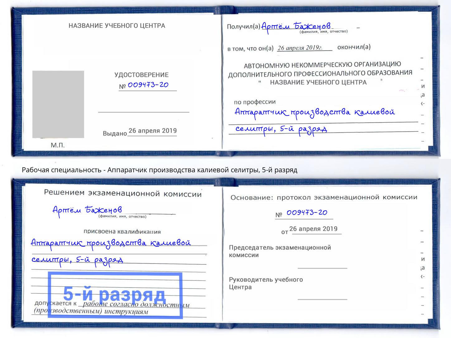 корочка 5-й разряд Аппаратчик производства калиевой селитры Саянск