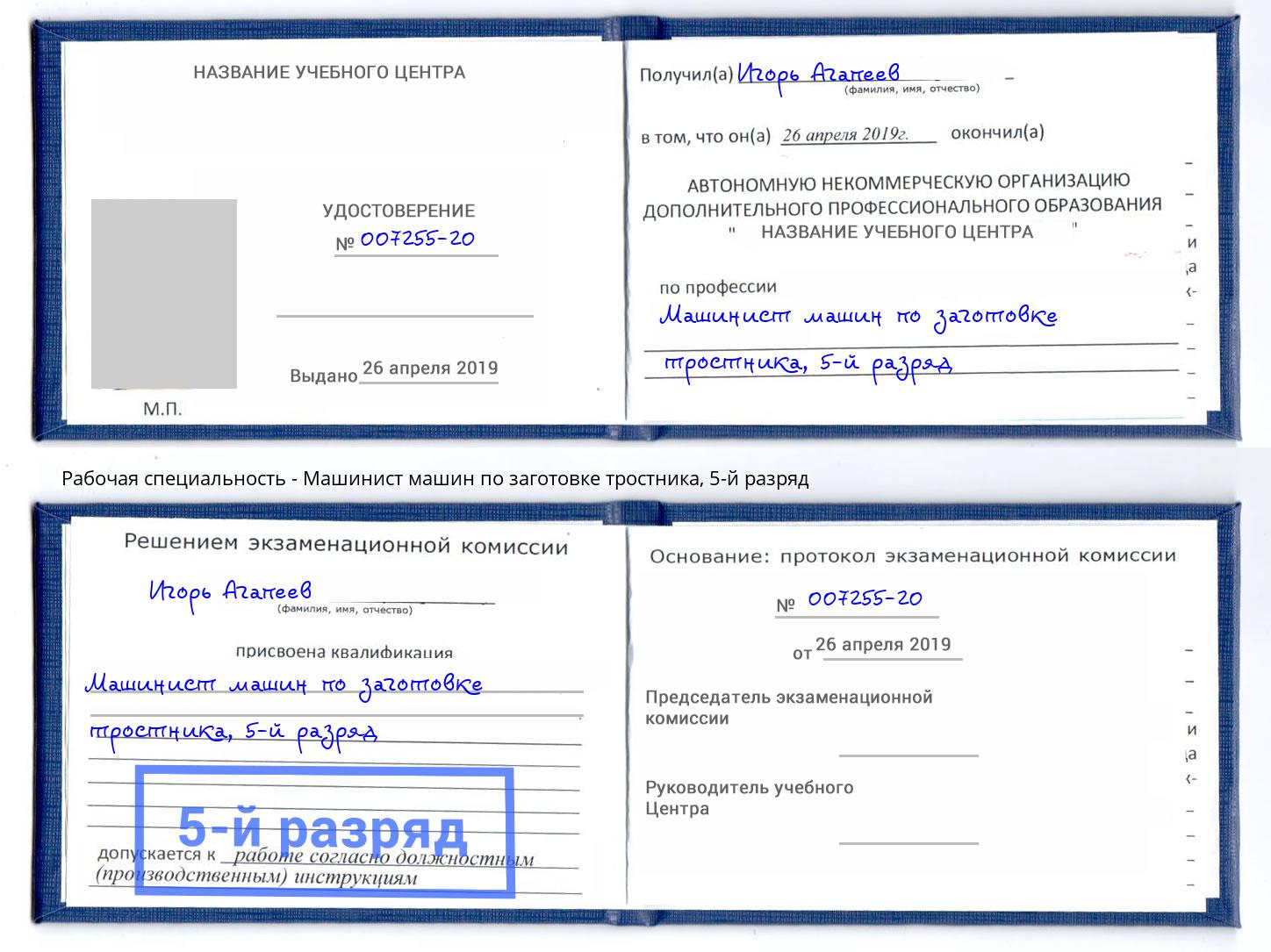 корочка 5-й разряд Машинист машин по заготовке тростника Саянск