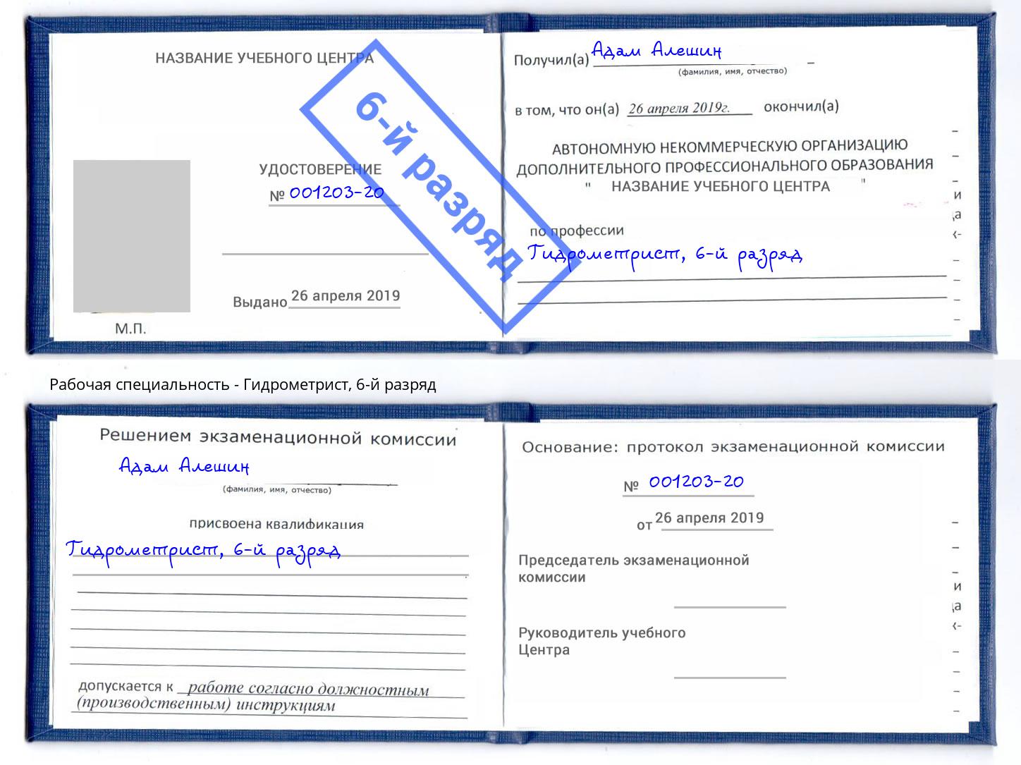 корочка 6-й разряд Гидрометрист Саянск