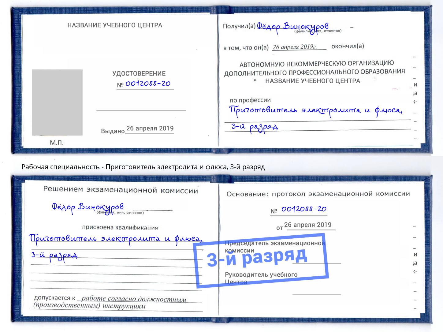 корочка 3-й разряд Приготовитель электролита и флюса Саянск
