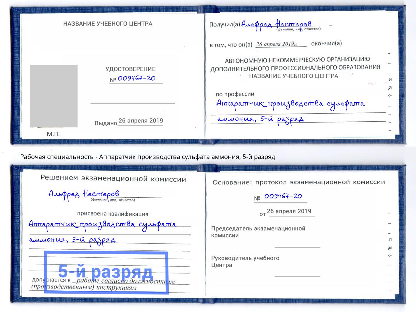 корочка 5-й разряд Аппаратчик производства сульфата аммония Саянск